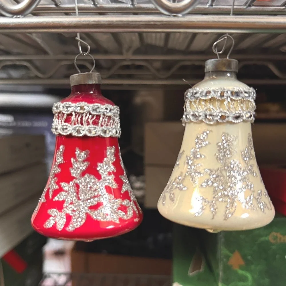 Rauch Vintage Glass Bell Ornaments Red Cream Silver Glitter and band Set of 4